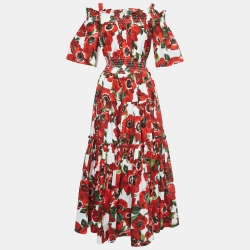 Pre Owned Dolce & Gabbana Red Floral Print Cotton Smocked Effect Tiered Maxi Dress M