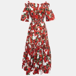 Pre Owned Dolce & Gabbana Red Floral Print Cotton Smocked Effect Tiered Maxi Dress M