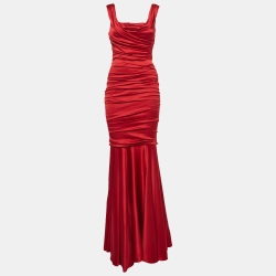 Dolce & Gabbana Red Ruched Satin Silk Sleeveless Fishtail Gown S