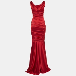 Dolce & Gabbana Red Ruched Satin Silk Sleeveless Fishtail Gown S