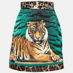 Pre Owned Dolce & Gabbana Green Tiger Print Jacquard A-Line Mini Skirt S
