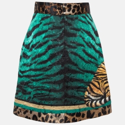Pre Owned Dolce & Gabbana Green Tiger Print Jacquard A-Line Mini Skirt S