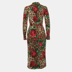 Pre Owned Dolce & Gabbana Brown Rose and Leopard Print Silk Charmeuse Midi Dress S