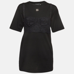 Black Cotton Knit Bralette Detail T-Shirt