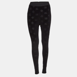 Pre Owned Dolce & Gabanna Black Logo Patterned Velvet Leggings S