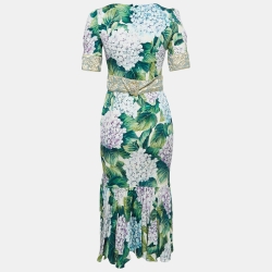 Pre Owned Dolce & Gabbana Green Hydrangea Printed Silk Ruffled Midi Dress S