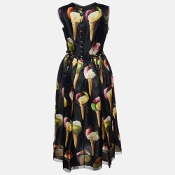 Pre Owned Dolce & Gabbana Black Gelato Print Silk Organza Midi Dress M