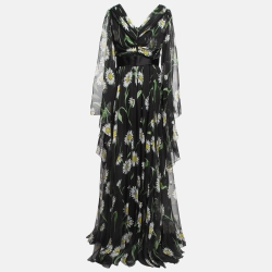 Pre Owned Dolce & Gabbana Black Sunflower Print Silk Crystal Belt Long Dress L