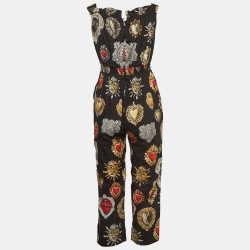 Dolce & Gabbana Black Printed Cotton Smocked Waist Jumpsuit S