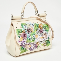 Pre Owned Dolce & Gabbana Cream Leather Medium Hydrangea Crystals Sicily Top Handle Bag