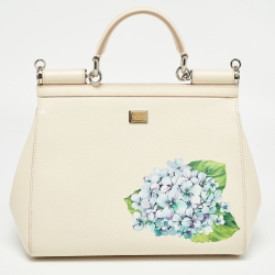 Pre Owned Dolce & Gabbana Cream Leather Medium Hydrangea Crystals Sicily Top Handle Bag