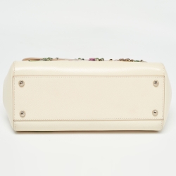 Pre Owned Dolce & Gabbana Cream Leather Medium Hydrangea Crystals Sicily Top Handle Bag