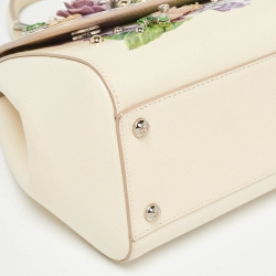 Pre Owned Dolce & Gabbana Cream Leather Medium Hydrangea Crystals Sicily Top Handle Bag