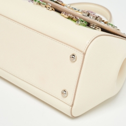 Pre Owned Dolce & Gabbana Cream Leather Medium Hydrangea Crystals Sicily Top Handle Bag