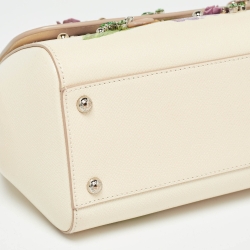 Pre Owned Dolce & Gabbana Cream Leather Medium Hydrangea Crystals Sicily Top Handle Bag