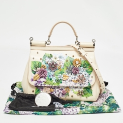Pre Owned Dolce & Gabbana Cream Leather Medium Hydrangea Crystals Sicily Top Handle Bag