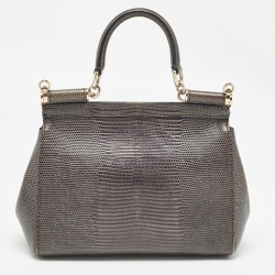 Pre Owned Dolce & Gabbana Grey Lizard Embossed Leather Small Miss Sicily Top Handle Bag