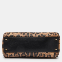 Pre Owned Dolce & Gabbana Black/Brown Leopard Print Coated Canvas and Leather Medium Miss Sicily Top Handle Bag