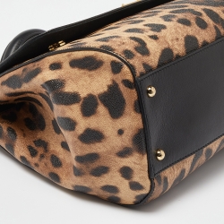 Pre Owned Dolce & Gabbana Black/Brown Leopard Print Coated Canvas and Leather Medium Miss Sicily Top Handle Bag