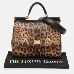 Pre Owned Dolce & Gabbana Black/Brown Leopard Print Coated Canvas and Leather Medium Miss Sicily Top Handle Bag