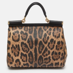 Pre Owned Dolce & Gabbana Black/Brown Leopard Print Coated Canvas and Leather Medium Miss Sicily Top Handle Bag
