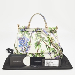 Pre Owned Dolce & Gabbana Off White Printed Leather Medium Miss Sicily Top Handle Bag