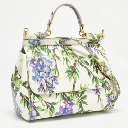 Pre Owned Dolce & Gabbana Off White Printed Leather Medium Miss Sicily Top Handle Bag