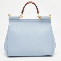 Pre Owned Dolce & Gabbana Light Blue Leather Medium Miss Sicily Embellished Top Handle Bag