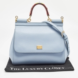 Pre Owned Dolce & Gabbana Light Blue Leather Medium Miss Sicily Embellished Top Handle Bag