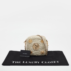 Pre Owned Dolce & Gabbana Beige/Gold Woven Raffia Coin Patch Crossbody Bag