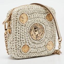 Pre Owned Dolce & Gabbana Beige/Gold Woven Raffia Coin Patch Crossbody Bag