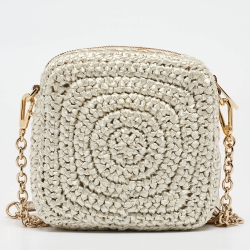 Pre Owned Dolce & Gabbana Beige/Gold Woven Raffia Coin Patch Crossbody Bag