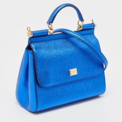 Pre Owned Dolce & Gabbana Metallic Blue Leather Medium Miss Sicily Top Handle Bag