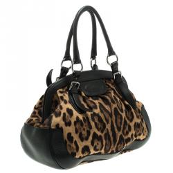 Pre Owned Dolce and Gabbana Black Leopard Print Fabric and Leather Satchel