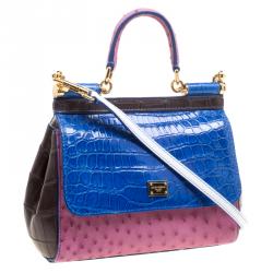 Pre Owned Dolce and Gabbana Multicolor Croc and Ostrich Leather Small Miss Sicily Top Handle Bag
