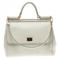Pre Owned Dolce and Gabbana White Leather Medium Miss Sicily Top Handle Bag