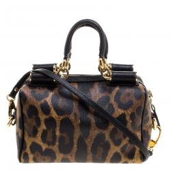 Dolce and Gabbana Leopard Print Coated Canvas Miss Sicily Bowling Bag