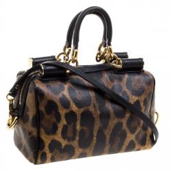 Dolce and Gabbana Leopard Print Coated Canvas Miss Sicily Bowling Bag