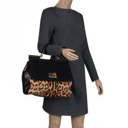 مملوكة مسبقًا Dolce and Gabbana Black Leopard Print Calf Hair and Crochet Miss Sicily Tote