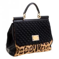 مملوكة مسبقًا Dolce and Gabbana Black Leopard Print Calf Hair and Crochet Miss Sicily Tote
