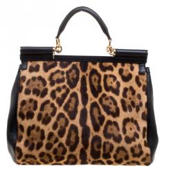 مملوكة مسبقًا Dolce and Gabbana Black Leopard Print Calf Hair and Crochet Miss Sicily Tote