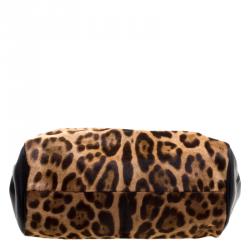 مملوكة مسبقًا Dolce and Gabbana Black Leopard Print Calf Hair and Crochet Miss Sicily Tote