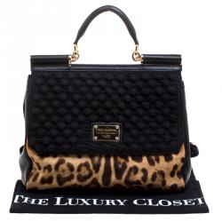 مملوكة مسبقًا Dolce and Gabbana Black Leopard Print Calf Hair and Crochet Miss Sicily Tote