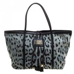 Pre Owned Dolce and Gabbana Blue Leopard Print Canvas Tote