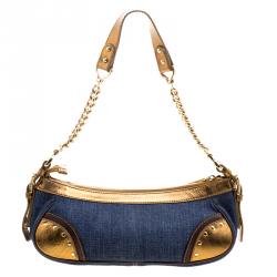 Pre Owned Dolce and Gabbana Blue/Gold Denim and Leather Shoulder Bag 
