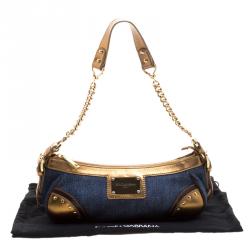 Pre Owned Dolce and Gabbana Blue/Gold Denim and Leather Shoulder Bag 