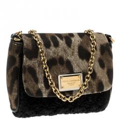 مملوكة مسبقًا Dolce and Gabbana Brown/Black Leopard Print Denim and Crochete Clutch Bag