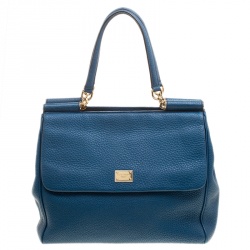 Pre Owned Dolce and Gabbana Teal Leather Large Double Handle Miss Sicily Tote