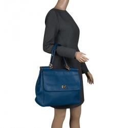 Pre Owned Dolce and Gabbana Teal Leather Large Double Handle Miss Sicily Tote