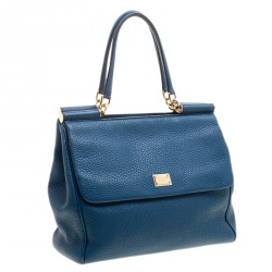 Pre Owned Dolce and Gabbana Teal Leather Large Double Handle Miss Sicily Tote